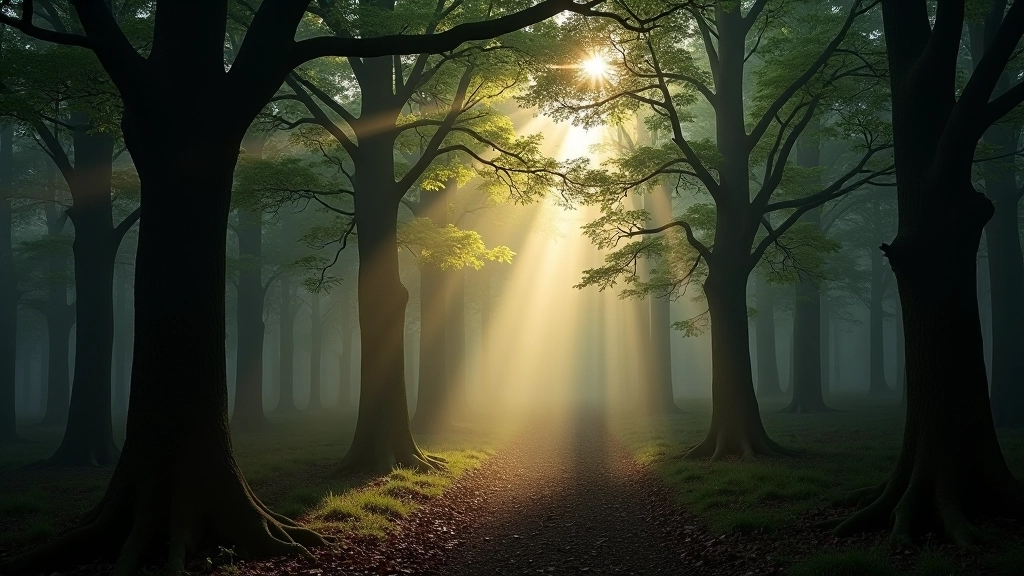 Dense Bohemian forest canopy with shafts of light filtering through ancient trees creating layered depth and atmospheric perspective