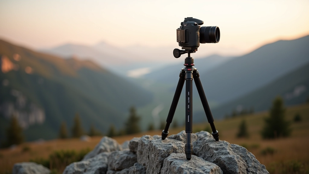 Carbon fiber tripod set up on rocky mountain outcrop, camera mounted on top, scenic valley background, outdoor setup