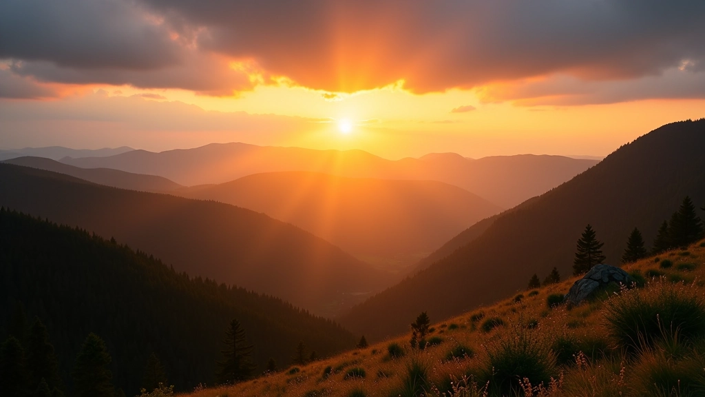 Golden sunlight filtering through mountain peaks at sunset in Czech countryside landscape