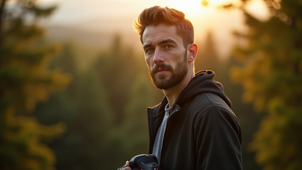 Professional landscape photographer with camera, outdoor portrait from chest up, natural lighting