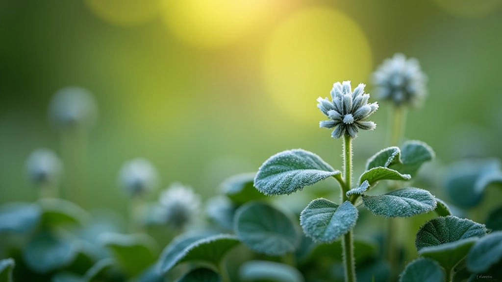 Close-up macro photography of frost-covered leaves and wildflowers in natural setting with bokeh background
