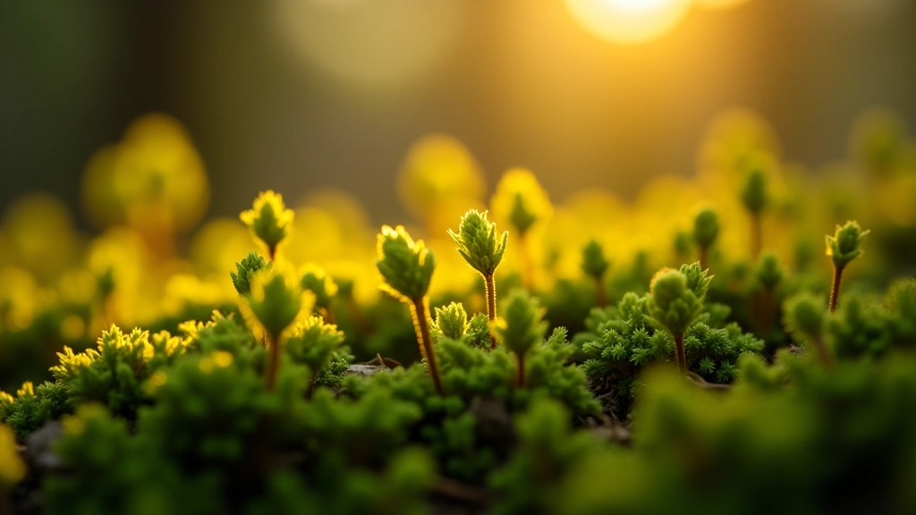 Close-up nature detail of moss and small plants on forest floor