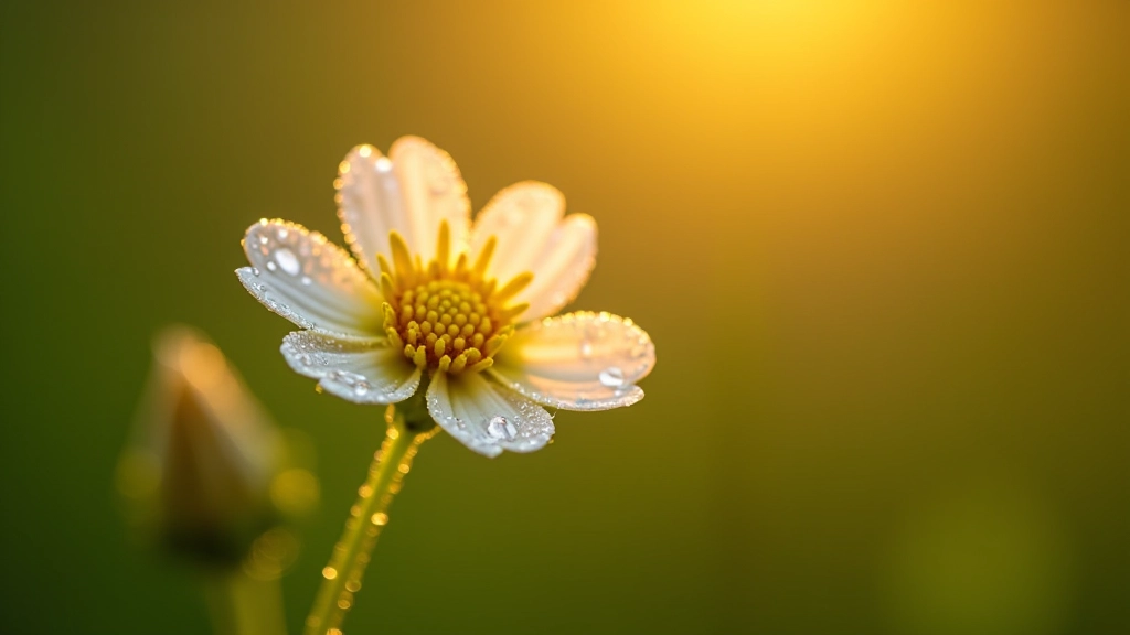Macro detail of wildflower with water droplets in soft natural light
