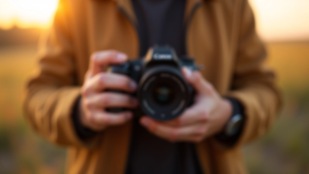 Professional mirrorless camera held in both hands, person wearing casual outdoor jacket, golden hour sunlight, sharp focus, portrait from chest up