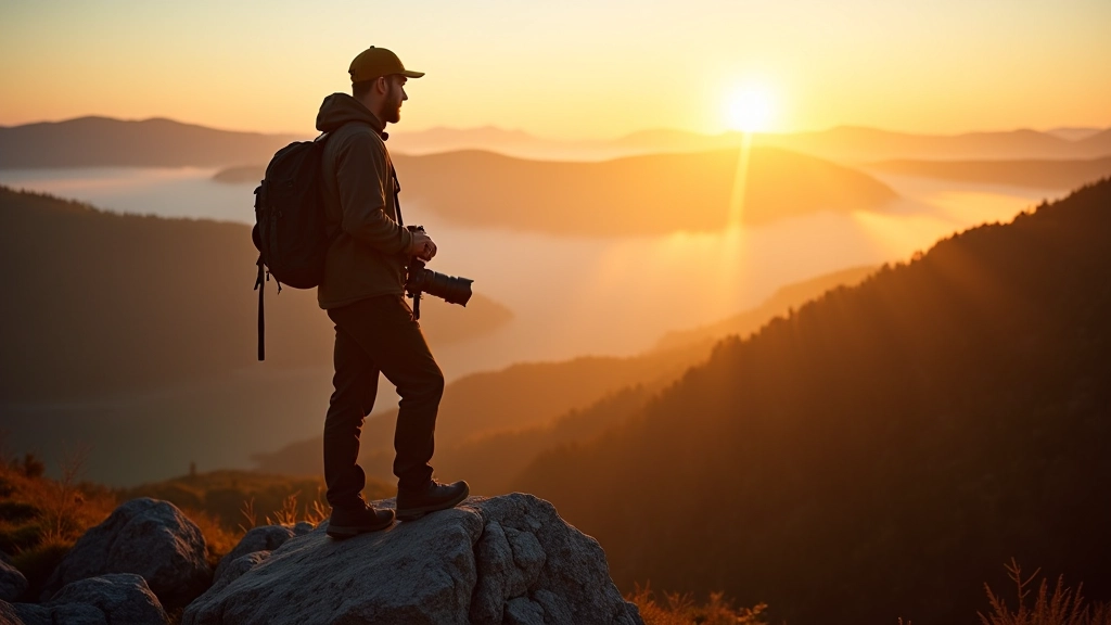 Photographer in outdoor gear and equipment, hiking backpack with camera gear, natural landscape background