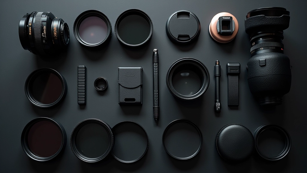 Photography accessories arranged on dark background, filters, cleaning supplies, cable release, protective gear, organized layout