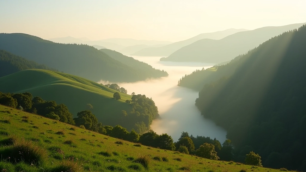 Valley viewpoint with rolling hills and morning mist in landscape