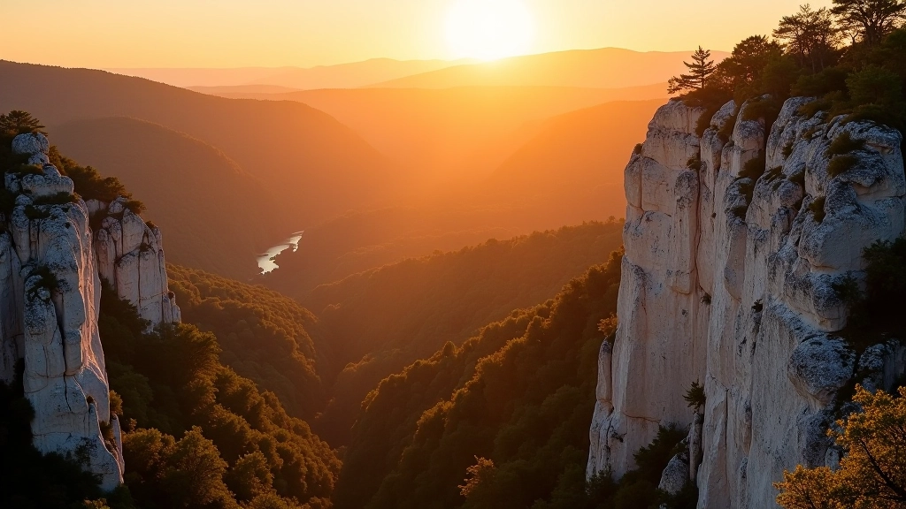 White limestone cliffs dramatically backlit by golden sunset, rim lighting on rock formations, Czech landscape vista